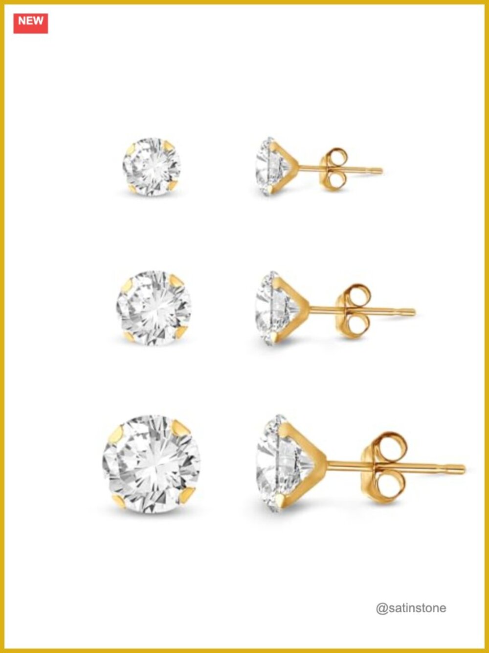 10K Yellow Gold Stud Earrings Set 3 Pair Cubic Zirconia